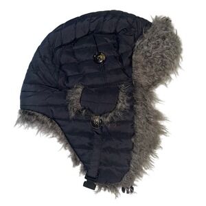 American Eagle Quilted Trapper Hat Black Faux Fur Aviator Bomber Cap One Size